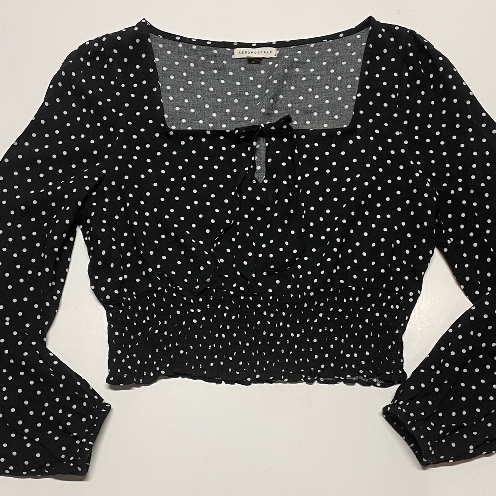 Aeropostale Polka Dot Smocked Crop Top Puff Sleeve Black White Womens Sz S